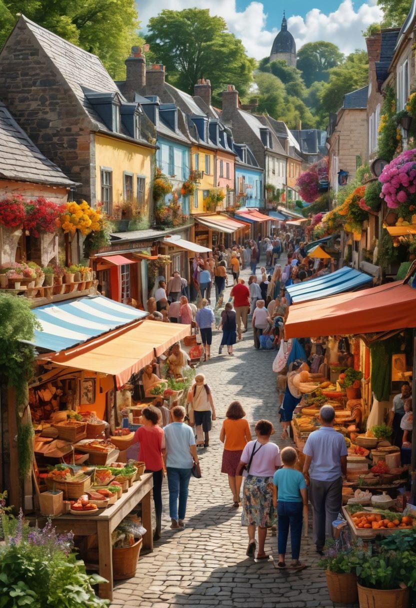 A collage of a bustling local town event, featuring colorful stalls with handmade crafts, people laughing and enjoying street food, and live music performers entertaining the crowd. In the background, charming local architecture with vibrant flowers and greenery, capturing the essence of community life. The scene should convey excitement and connection among the townsfolk. super-realistic. vibrant colors. 3D.