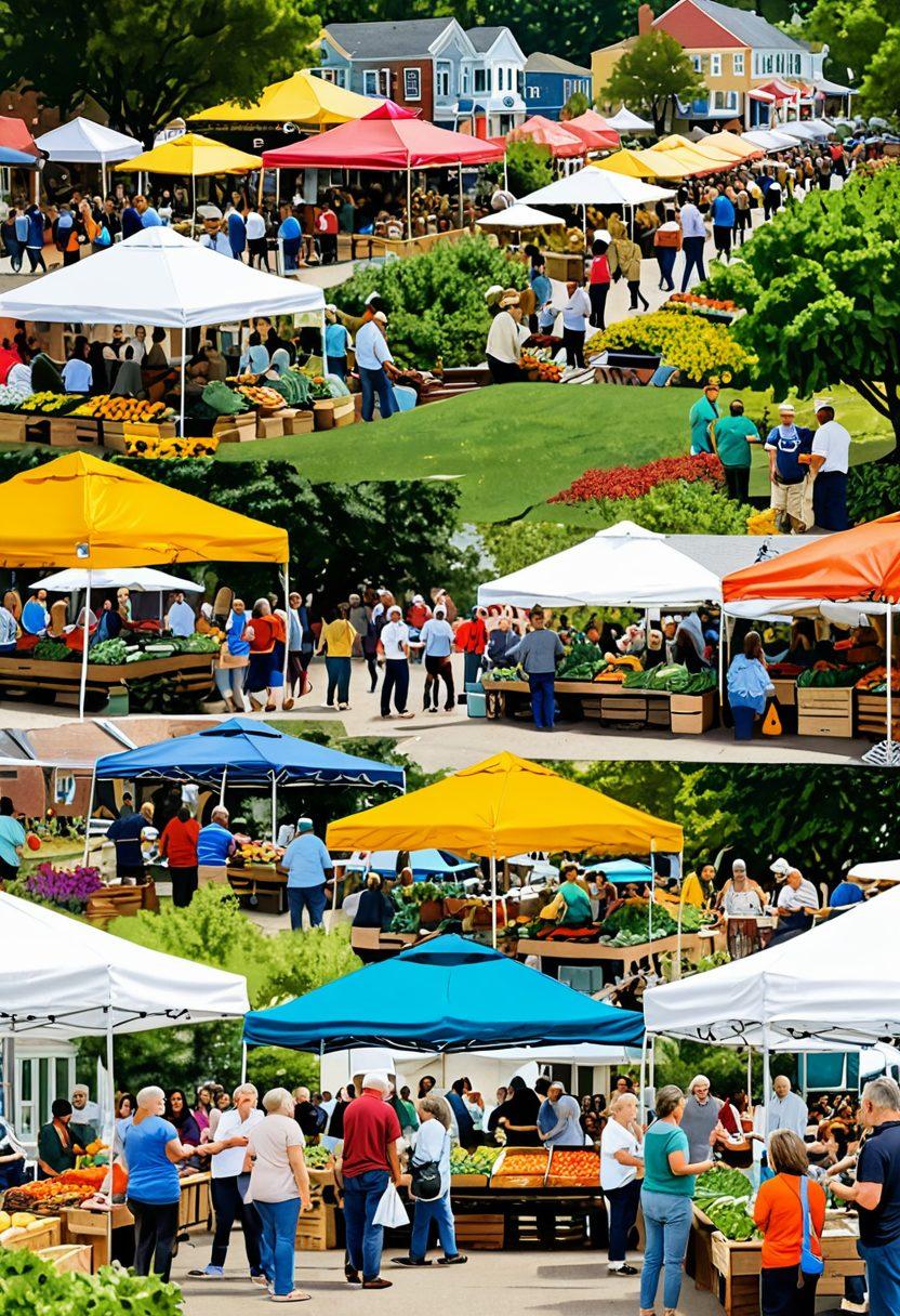 A dynamic collage illustrating diverse people engaging in community activities: a farmer's market, a neighborhood meeting, and a park cleanup. Vivid warm colors to express connectivity and positivity. Incorporate speech bubbles with quotes that reflect community pride and feedback. Style: vibrant colors, super-realistic.