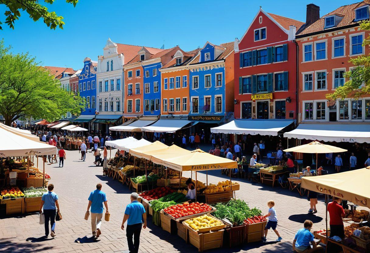A vibrant town square bustling with diverse people engaging in activities, colorful market stalls filled with fresh produce and artisanal goods, a banner reading 'Local Events' fluttering in the breeze, children playing nearby, and a backdrop of charming historic buildings. super-realistic. vibrant colors. bright blue sky.